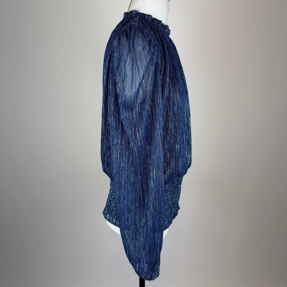 Joie Navy Blue Metallic Pleated Smocked High Neck Blouse Womens Large Party Glam - Picture 3 of 11